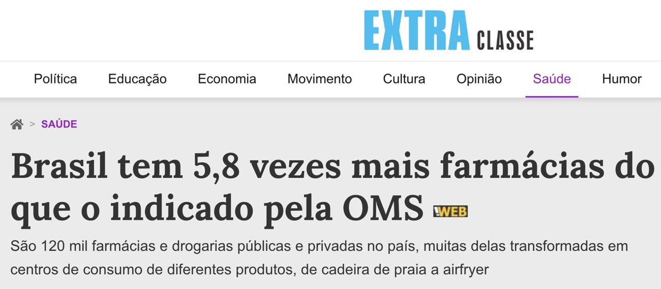 Extra Classe: Brasil tem 5,8 vezes mais farmácias que o indicado pela OMS
